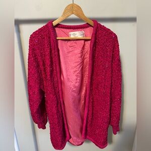 Unique Bright Pink Woven Cardigan with Appliqués